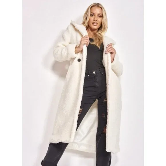 1 DAY SALE! Long Sleeve Hoodie Hooded Long Maxi Borg Teddy Bear Fur Coat - Picture 10 of 15